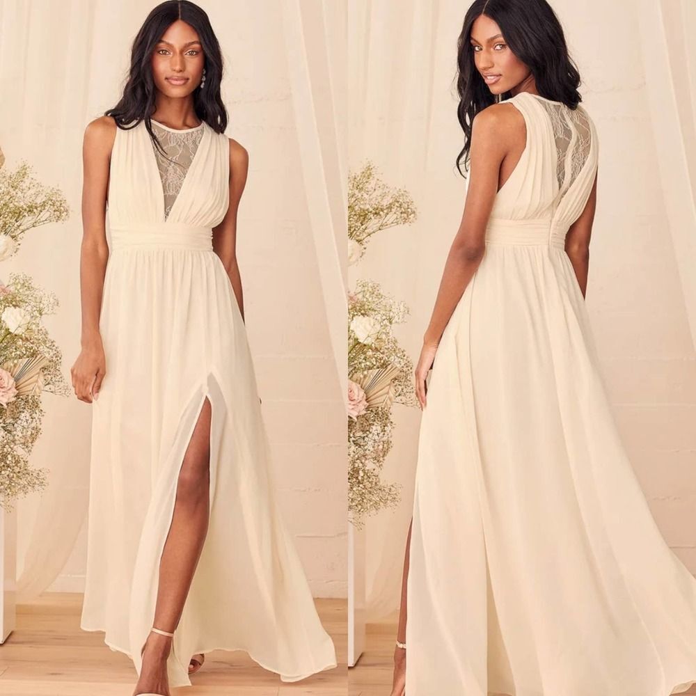 Lulus Dreamy Devotion Gardenia Lace Chiffon Beige Sleeveless Maxi Dress Small